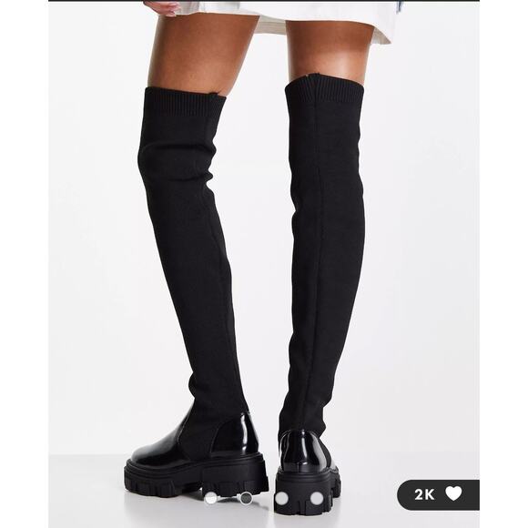 NWOT ASOS DESIGN Kimmy flat chunky over the knee boots 28” tall in black size 11 - Picture 2 of 12